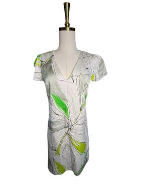 Milly Chloe V-Neck White & Green Floral Watercolor Shift Dress Size 4